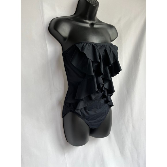 Michael Kors Mio One Piece Flutter Front Bandeau Swimsuit Women's 8 Black Ruffle - Picture 3 of 10